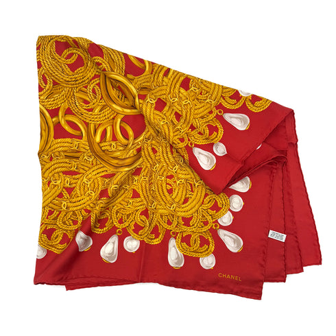 CHANEL VINTAGE COCOMARK PEARL CHAIN SCARF RED SILK 90288487 - PURPOSE