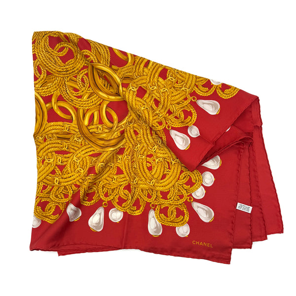CHANEL VINTAGE COCOMARK PEARL CHAIN SCARF RED SILK 90288487 - PURPOSE