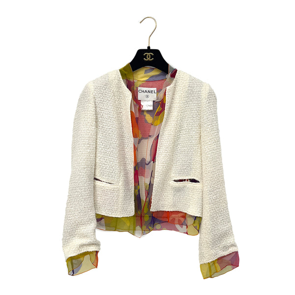 CHANEL VINTAGE TWEED JACKET FRILLS WHITE NYLON 36 00T RTW 90288502