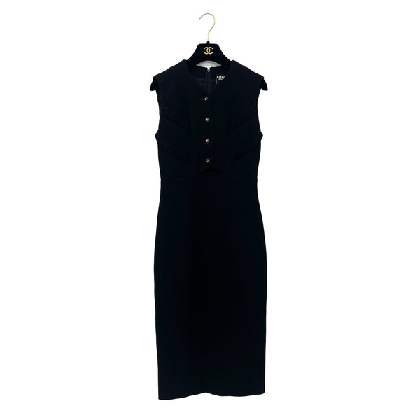 CHANEL VINTAGE SLEEVELESS DRESS COCO BUTTON BLACK WOOL 38 95A RTW 90288508