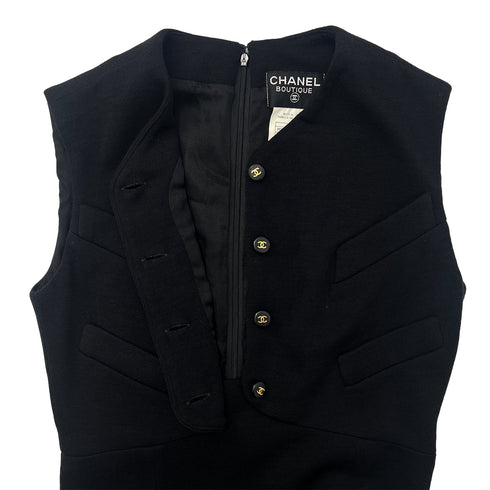 CHANEL VINTAGE SLEEVELESS DRESS COCO BUTTON BLACK WOOL 38 95A RTW 90288508 - PURPOSE
