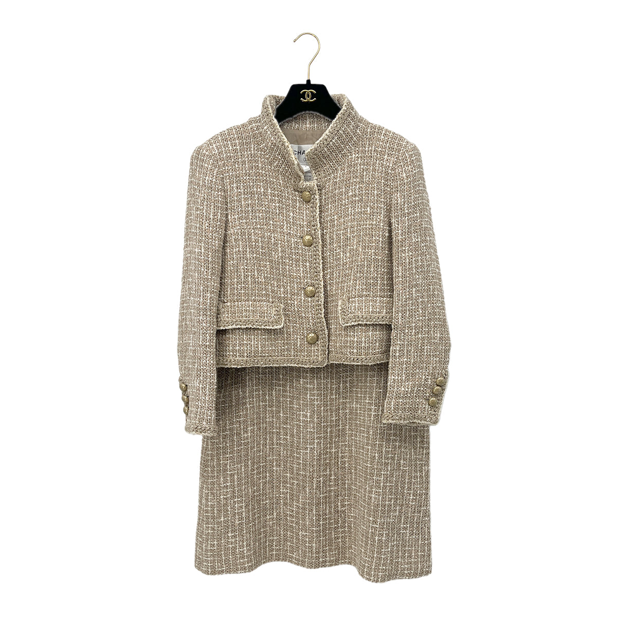 CHANEL TWEED JACKET SKIRT SET BEIGE COTTON 44 P50 RTW 90288513