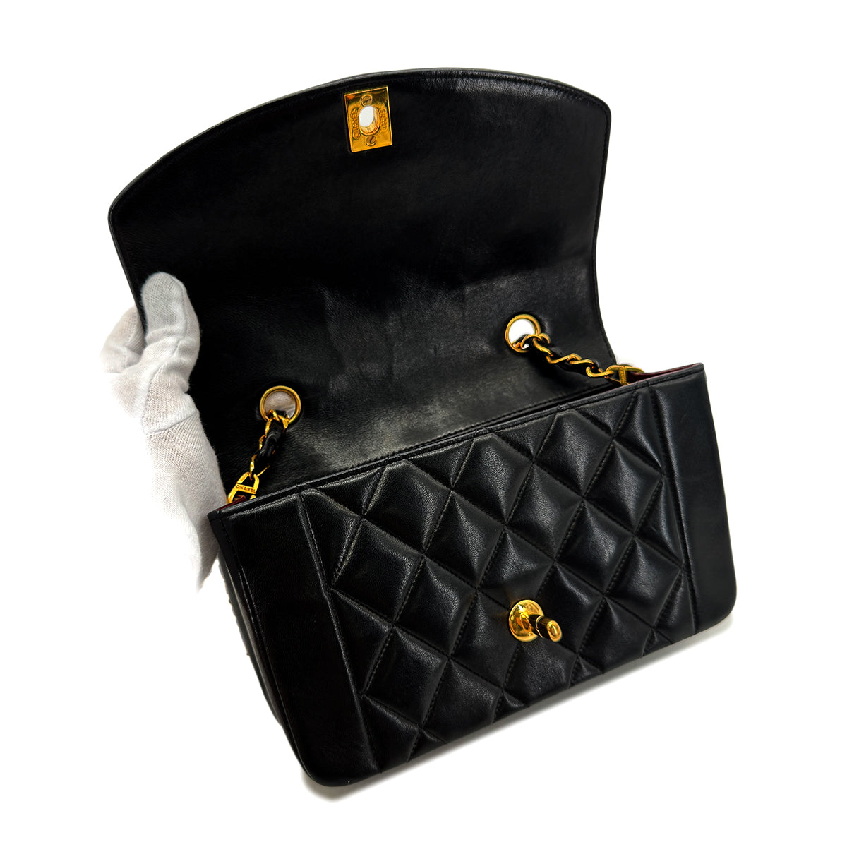 CHANEL VINTAGE DIANA SMALL CHAIN SHOULDER BAG BLACK LAMB SKIN 90288703
