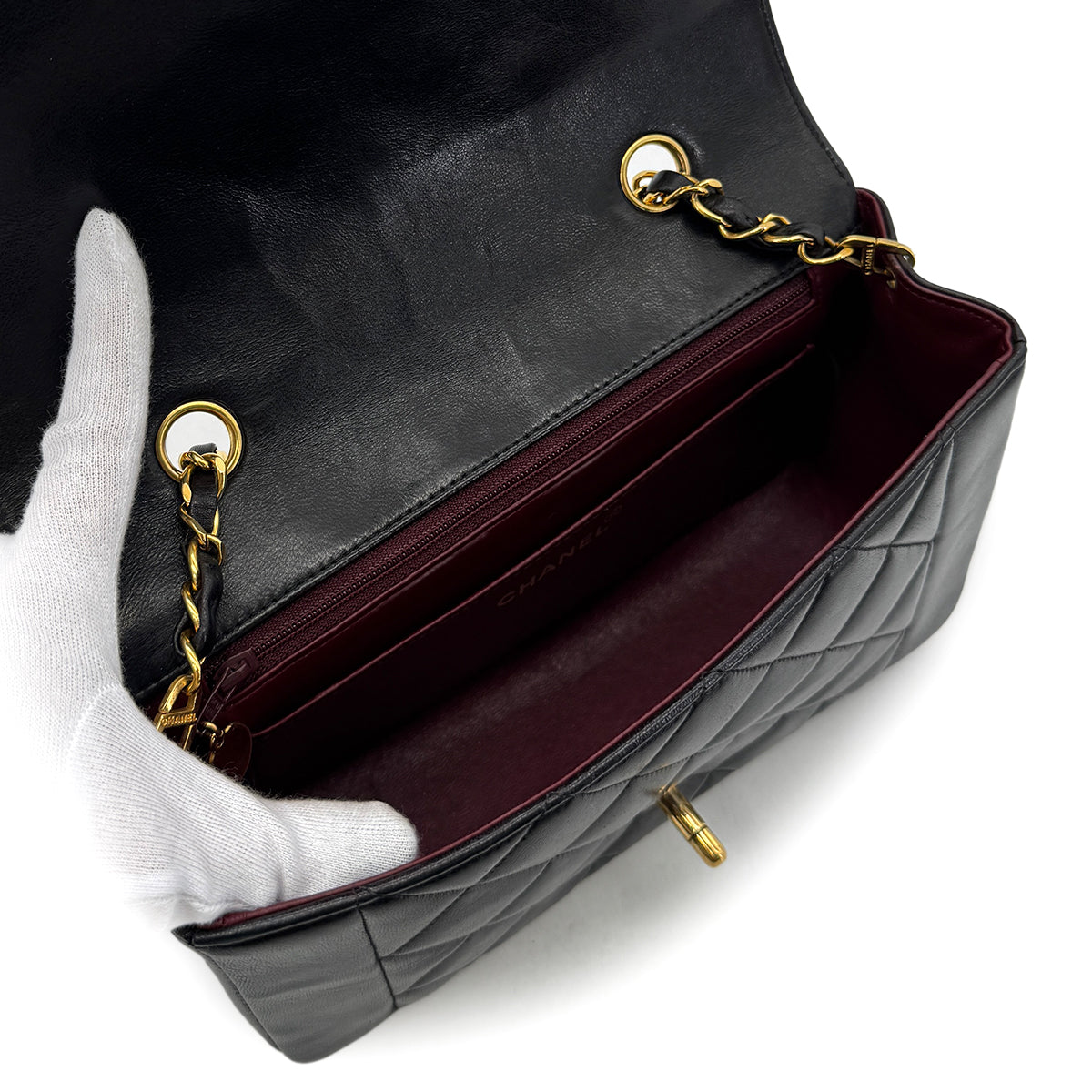 CHANEL VINTAGE DIANA SMALL CHAIN SHOULDER BAG BLACK LAMB SKIN 90288703