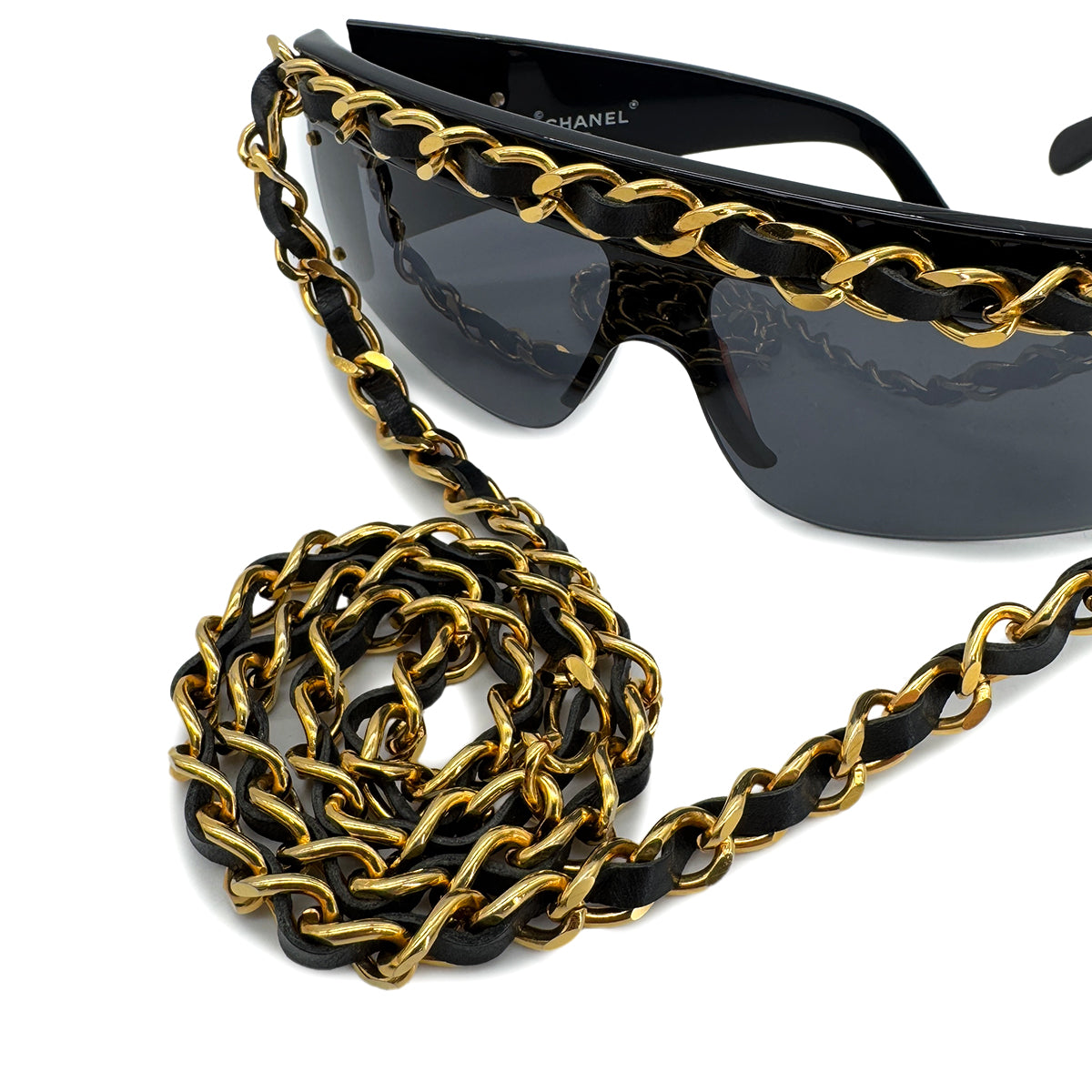 CHANEL CHAIN SUNGLASSES COCOMARK BLACK GOLD EYEWEAR 90288713