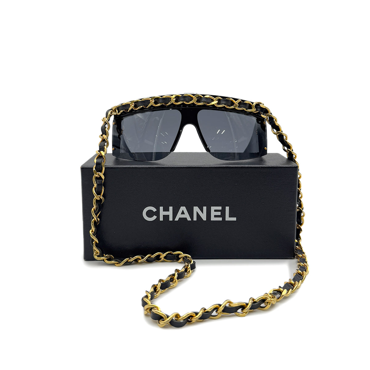 CHANEL CHAIN SUNGLASSES COCOMARK BLACK GOLD EYEWEAR 90288713