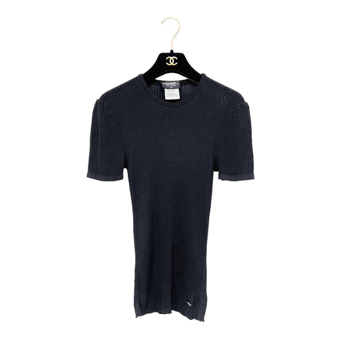 CHANEL VINTAGE COCO BUTTON PUFF SLEEVES RIB KNIT TOPS BLACK RAYON 40 97A RTW 90288717 - PURPOSE