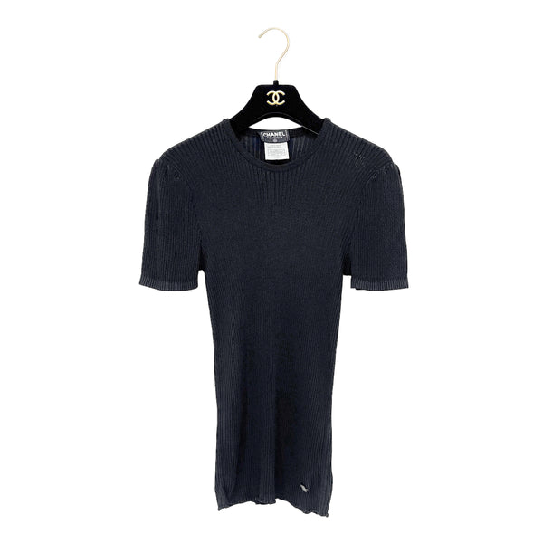 CHANEL VINTAGE COCO BUTTON PUFF SLEEVES RIB KNIT TOPS BLACK RAYON 40 97A RTW 90288717