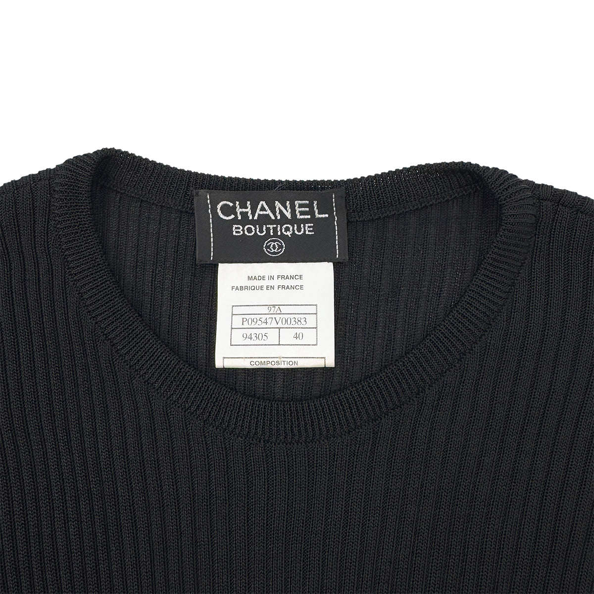 CHANEL VINTAGE COCO BUTTON PUFF SLEEVES RIB KNIT TOPS BLACK RAYON 40 97A RTW 90288717