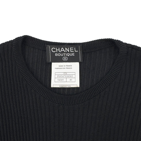 CHANEL VINTAGE COCO BUTTON PUFF SLEEVES RIB KNIT TOPS BLACK RAYON 40 97A RTW 90288717 - PURPOSE