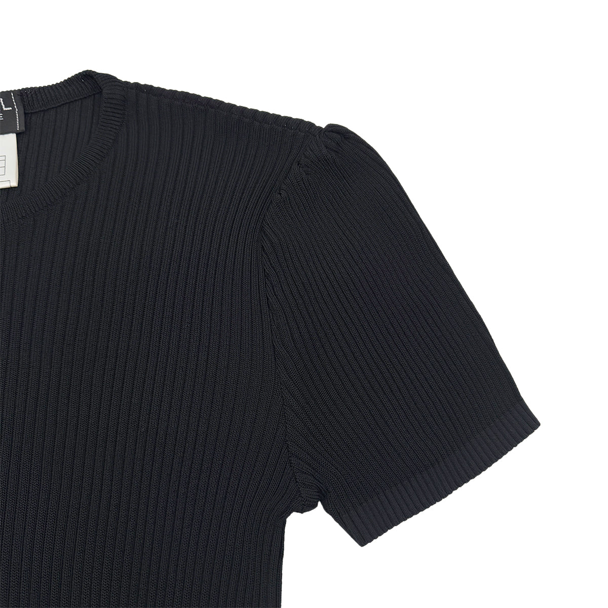 CHANEL VINTAGE COCO BUTTON PUFF SLEEVES RIB KNIT TOPS BLACK RAYON 40 97A RTW 90288717