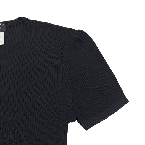 CHANEL VINTAGE COCO BUTTON PUFF SLEEVES RIB KNIT TOPS BLACK RAYON 40 97A RTW 90288717 - PURPOSE