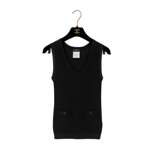 CHANEL SLEEVELESS TOPS LOGO BUTTON BLACK COTTON 34 07C RTW 90288719