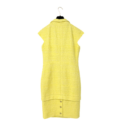 CHANEL GRIPOA COCO BUTTON SLEEVELESS TWEED DRESS WITH BELT YELLOW COTTON 42 P42 RTW 90288722