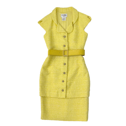 CHANEL GRIPOA COCO BUTTON SLEEVELESS TWEED DRESS WITH BELT YELLOW COTTON 42 P42 RTW 90288722