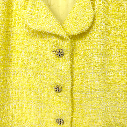 CHANEL GRIPOA COCO BUTTON SLEEVELESS TWEED DRESS WITH BELT YELLOW COTTON 42 P42 RTW 90288722