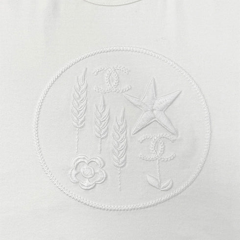 CHANEL T-SHIRT 2022 COCOMARK STAR WHEAT CAMELLIA EMBROIDERY WHITE COTTON XS P72 RTW 90288723