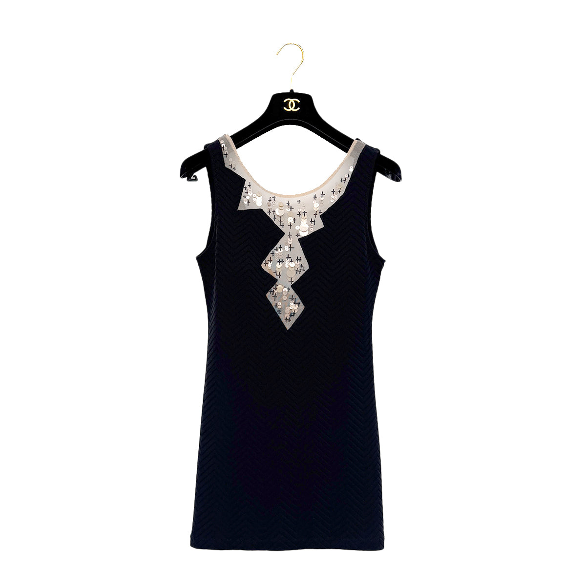CHANEL VINTAGE COCOMARK CHEVRON SEQUINS SLEEVELESS DRESS BLACK NYLON 36 08C RTW 90288727