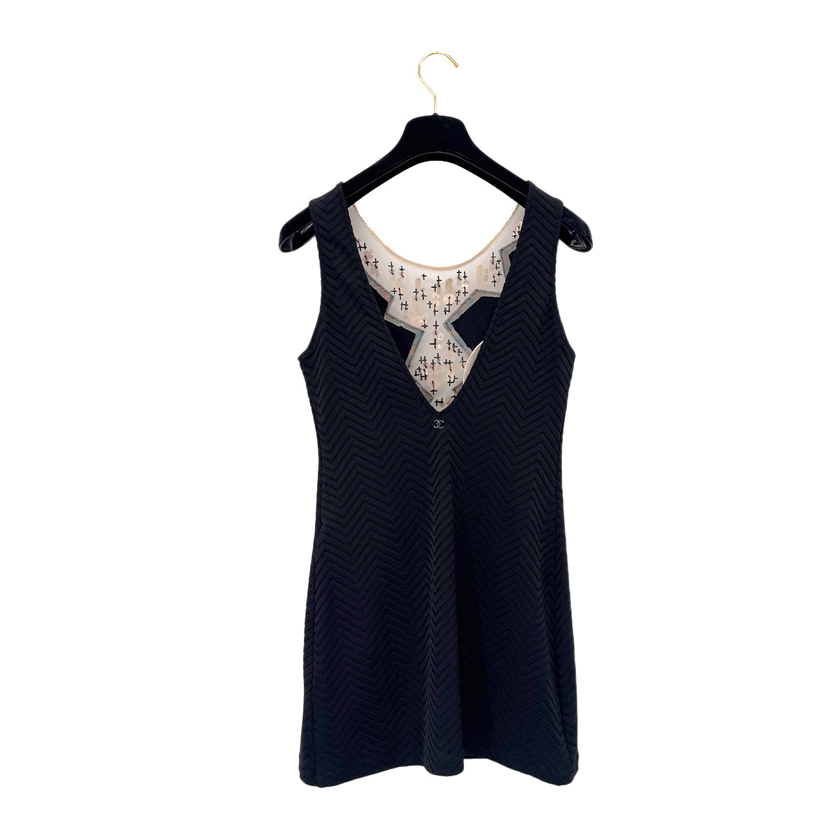 CHANEL VINTAGE COCOMARK CHEVRON SEQUINS SLEEVELESS DRESS BLACK NYLON 36 08C RTW 90288727