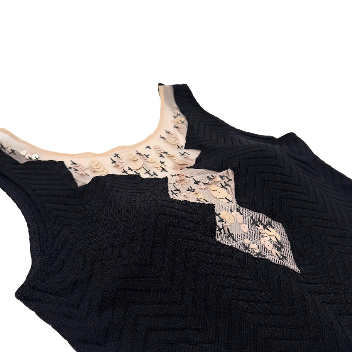 CHANEL VINTAGE COCOMARK CHEVRON SEQUINS SLEEVELESS DRESS BLACK NYLON 36 08C RTW 90288727