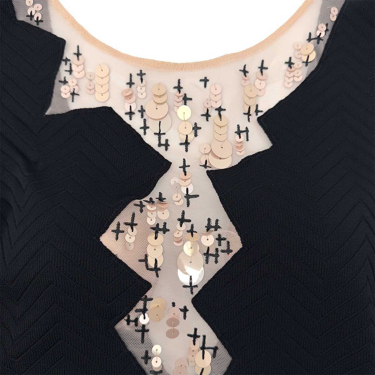CHANEL VINTAGE COCOMARK CHEVRON SEQUINS SLEEVELESS DRESS BLACK NYLON 36 08C RTW 90288727