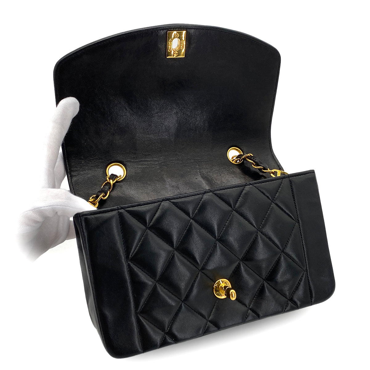 CHANEL VINTAGE DIANA SMALL CHAIN SHOULDER BAG BLACK LAMB SKIN 90288974