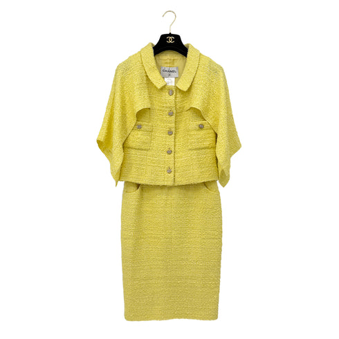 CHANEL TWEED JACKET SKIRT SET COCO BUTTON RHINESTONE YELLOW COTTON 36 P42 RTW 90288977