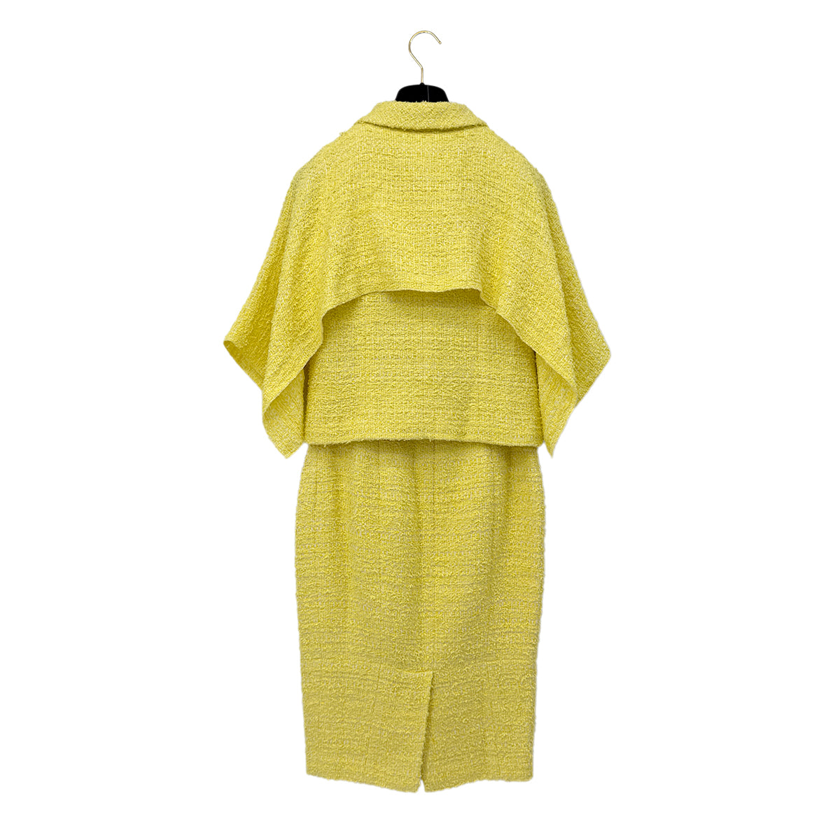CHANEL TWEED JACKET SKIRT SET COCO BUTTON RHINESTONE YELLOW COTTON 36 P42 RTW 90288977