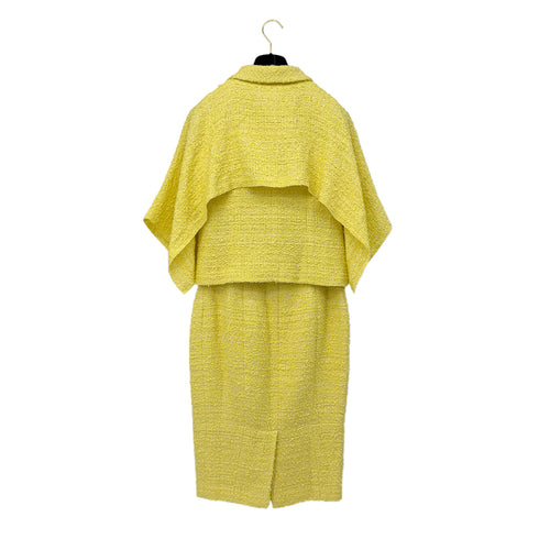 CHANEL TWEED JACKET SKIRT SET COCO BUTTON RHINESTONE YELLOW COTTON 36 P42 RTW 90288977