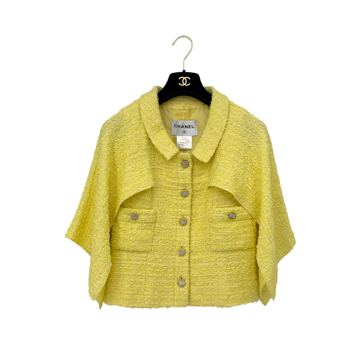 CHANEL TWEED JACKET SKIRT SET COCO BUTTON RHINESTONE YELLOW COTTON 36 P42 RTW 90288977