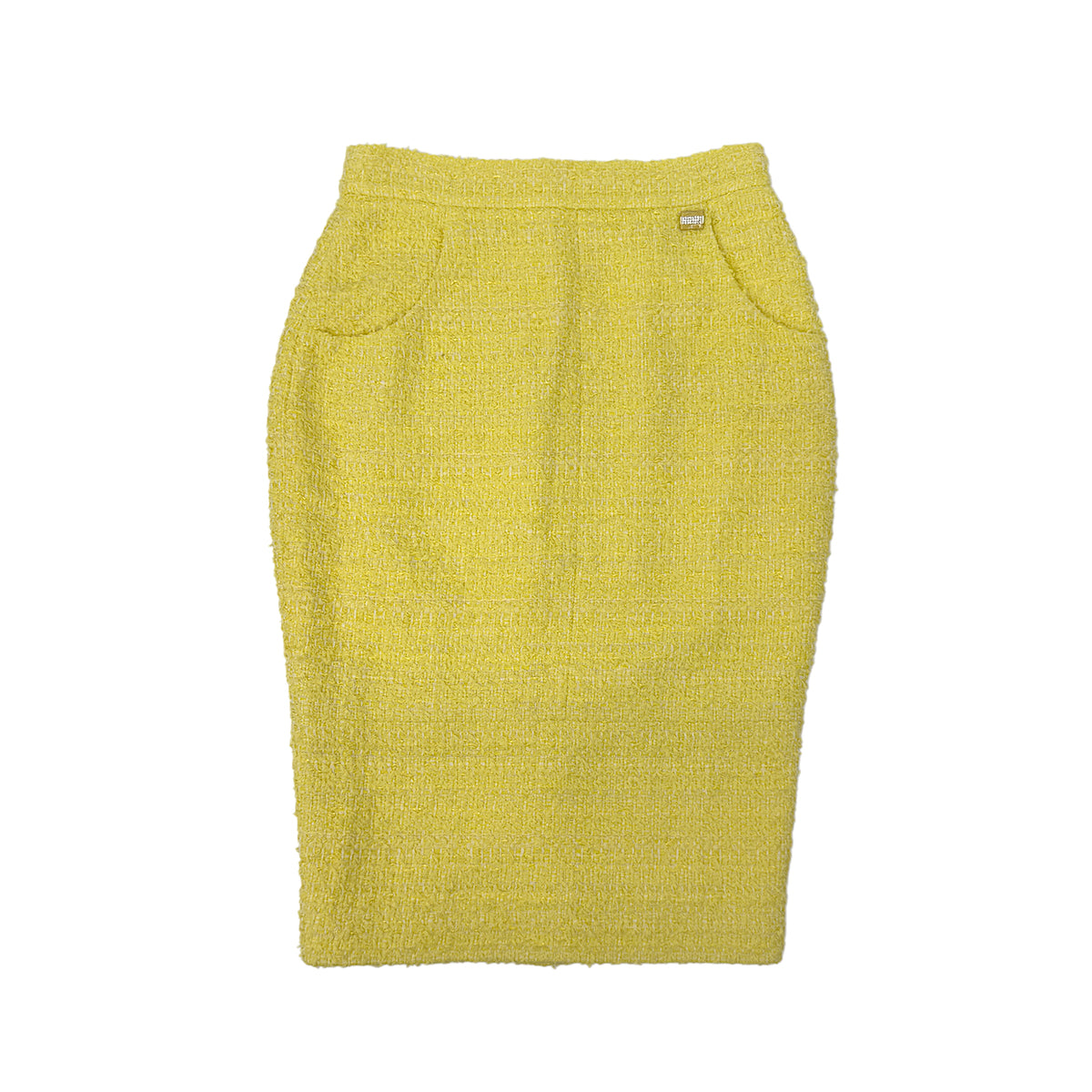 CHANEL TWEED JACKET SKIRT SET COCO BUTTON RHINESTONE YELLOW COTTON 36 P42 RTW 90288977