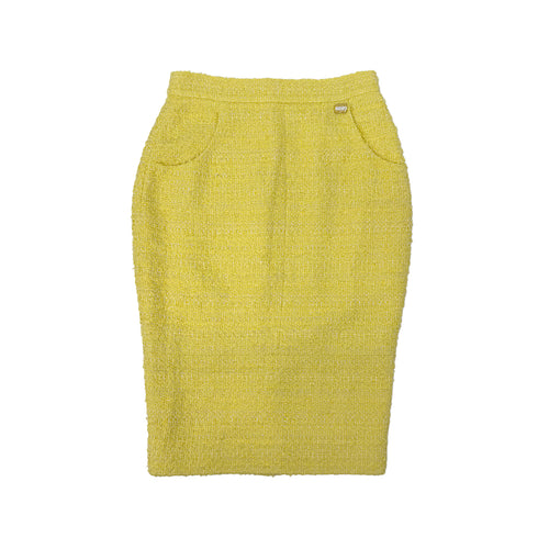 CHANEL TWEED JACKET SKIRT SET COCO BUTTON RHINESTONE YELLOW COTTON 36 P42 RTW 90288977