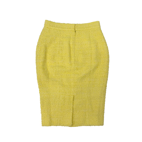 CHANEL TWEED JACKET SKIRT SET COCO BUTTON RHINESTONE YELLOW COTTON 36 P42 RTW 90288977