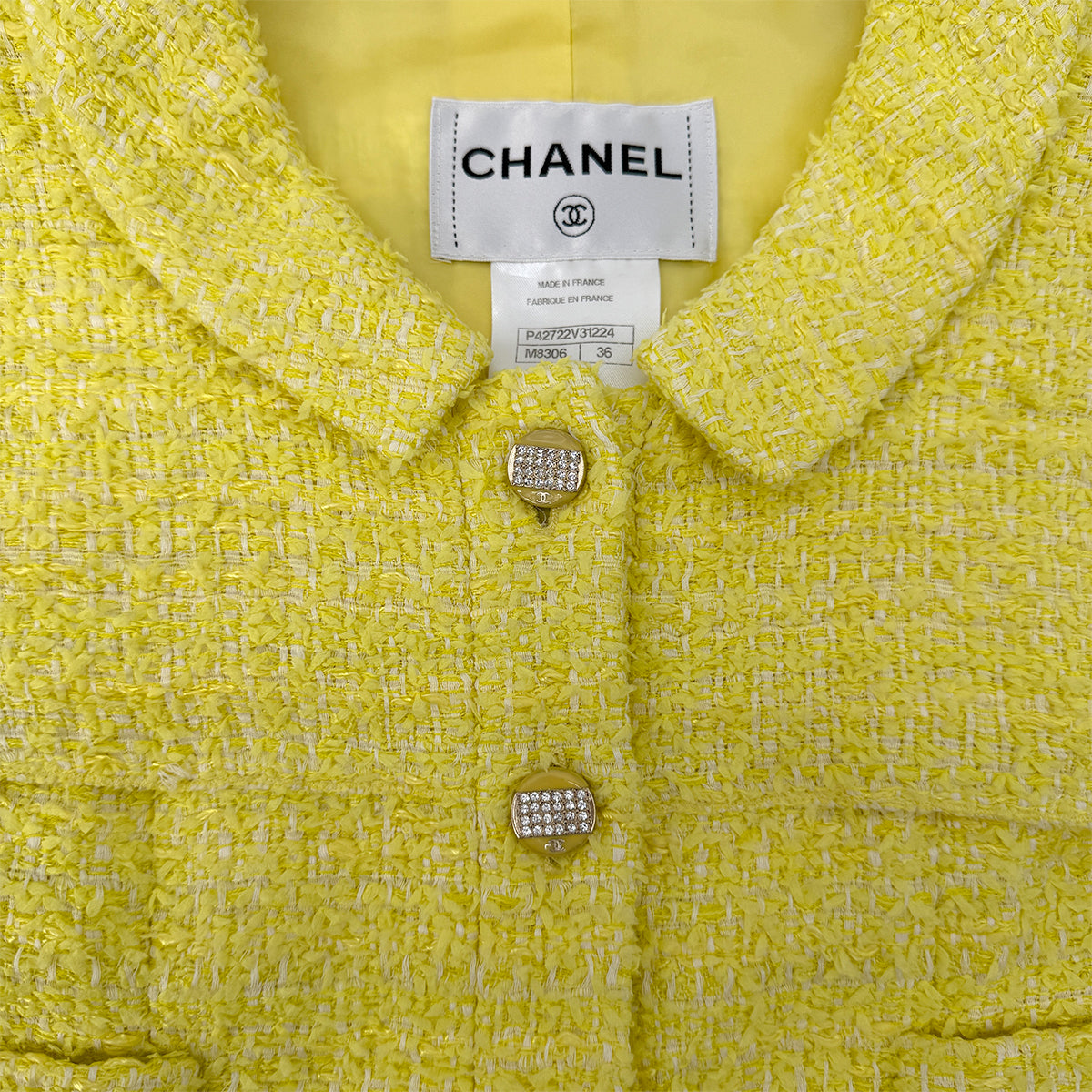 CHANEL TWEED JACKET SKIRT SET COCO BUTTON RHINESTONE YELLOW COTTON 36 P42 RTW 90288977