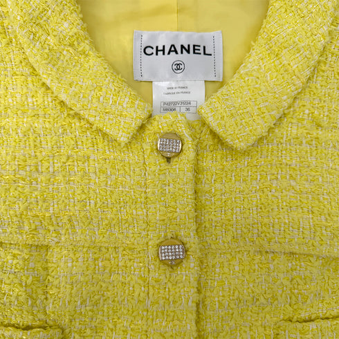 CHANEL TWEED JACKET SKIRT SET COCO BUTTON RHINESTONE YELLOW COTTON 36 P42 RTW 90288977