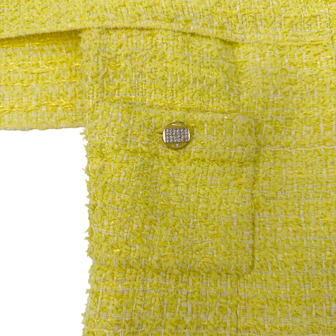 CHANEL TWEED JACKET SKIRT SET COCO BUTTON RHINESTONE YELLOW COTTON 36 P42 RTW 90288977
