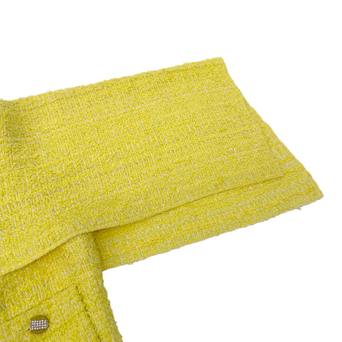 CHANEL TWEED JACKET SKIRT SET COCO BUTTON RHINESTONE YELLOW COTTON 36 P42 RTW 90288977