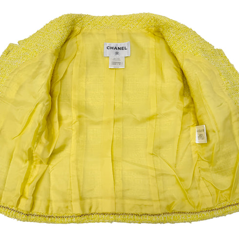 CHANEL TWEED JACKET SKIRT SET COCO BUTTON RHINESTONE YELLOW COTTON 36 P42 RTW 90288977