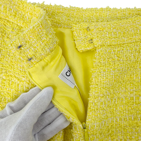 CHANEL TWEED JACKET SKIRT SET COCO BUTTON RHINESTONE YELLOW COTTON 36 P42 RTW 90288977