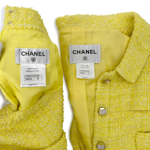 CHANEL TWEED JACKET SKIRT SET COCO BUTTON RHINESTONE YELLOW COTTON 36 P42 RTW 90288977