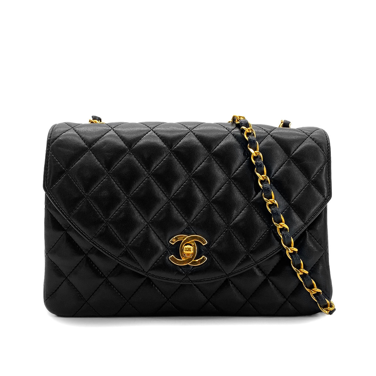CHANEL VINTAGE MATELASSE HALF MOON CHAIN SHOULDER BAG BLACK LAMB SKIN 90288984