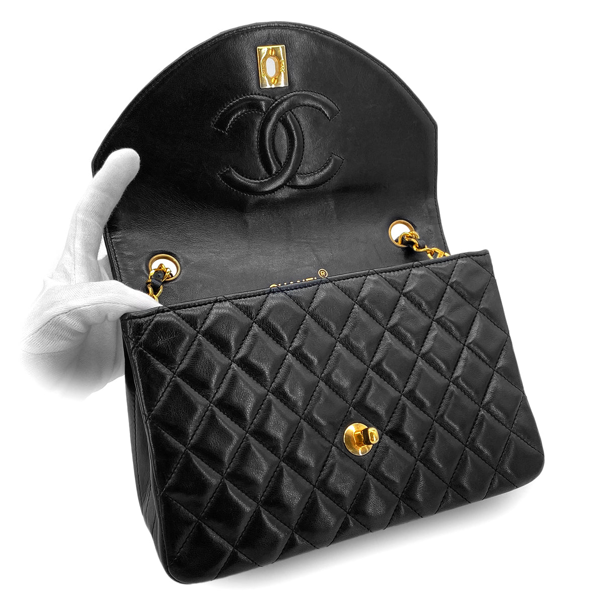 CHANEL VINTAGE MATELASSE HALF MOON CHAIN SHOULDER BAG BLACK LAMB SKIN 90288984