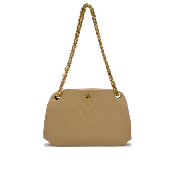 CHANEL VINTAGE CHEVRON CHAIN SHOULDER BAG BEIGE LAMB SKIN 90289057 - PURPOSE