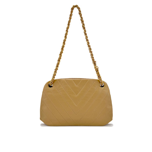 CHANEL VINTAGE CHEVRON CHAIN SHOULDER BAG BEIGE LAMB SKIN 90289057 - PURPOSE