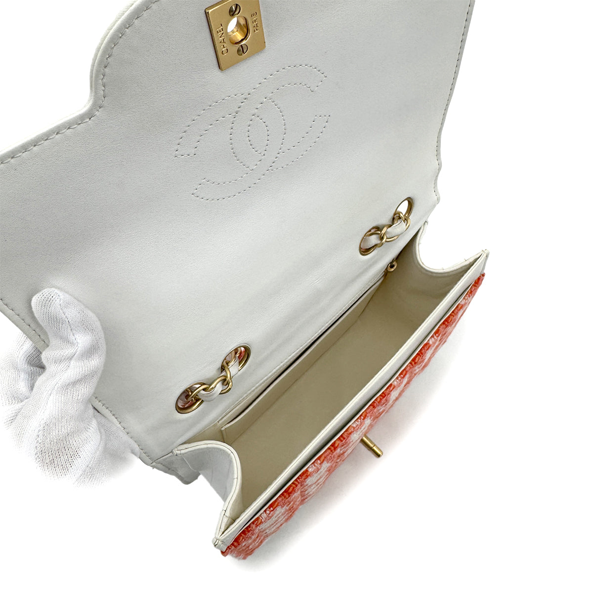 CHANEL VINTAGE CHOCOLATE BAR CHAIN SHOULDER BAG ORANGE TWEED 90289068