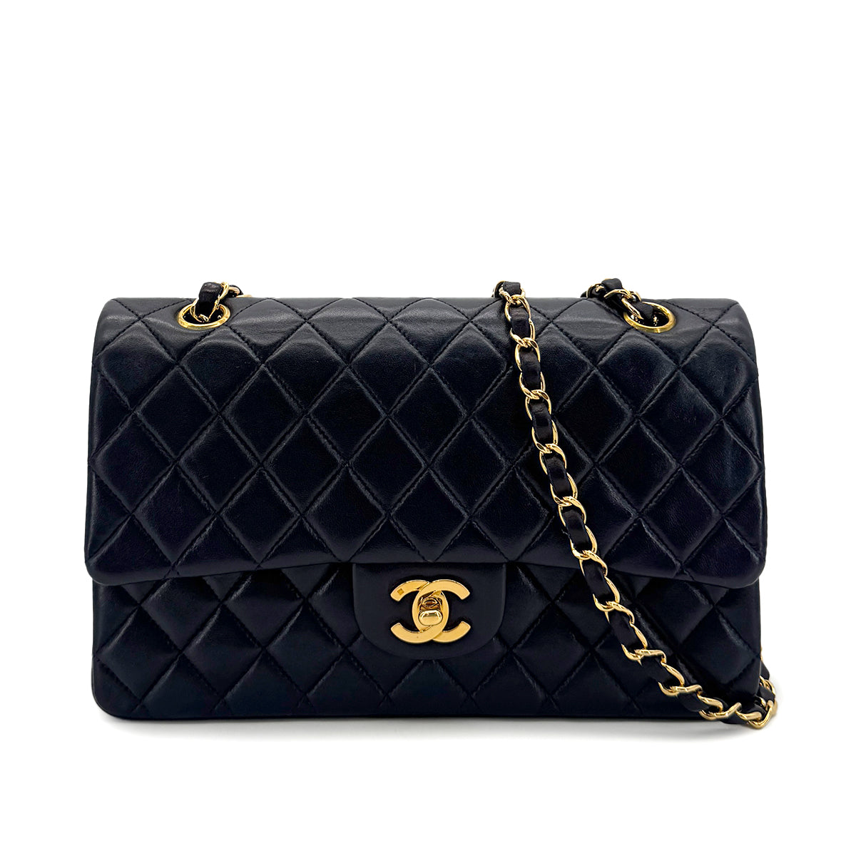 CHANEL VINTAGE CLASSIC FLAP MEDIUM CHAIN SHOULDER BAG NAVY LAMB SKIN 90289071