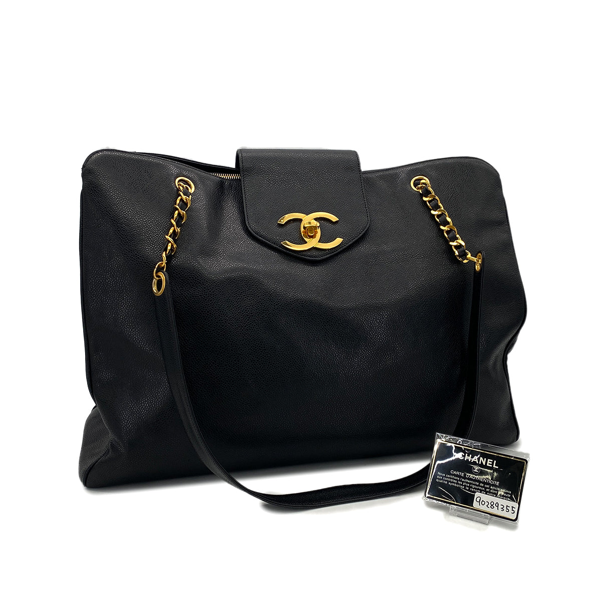 CHANEL VINTAGE SUPER MODEL BIG COCO CHAIN TOTE BAG BLACK CAVIAR SKIN 90289355