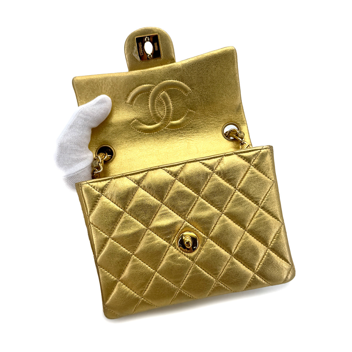 CHANEL VINTAGE MINI SQUARE 17 CHAIN SHOULDER BAG GOLD LAMB SKIN 90289359