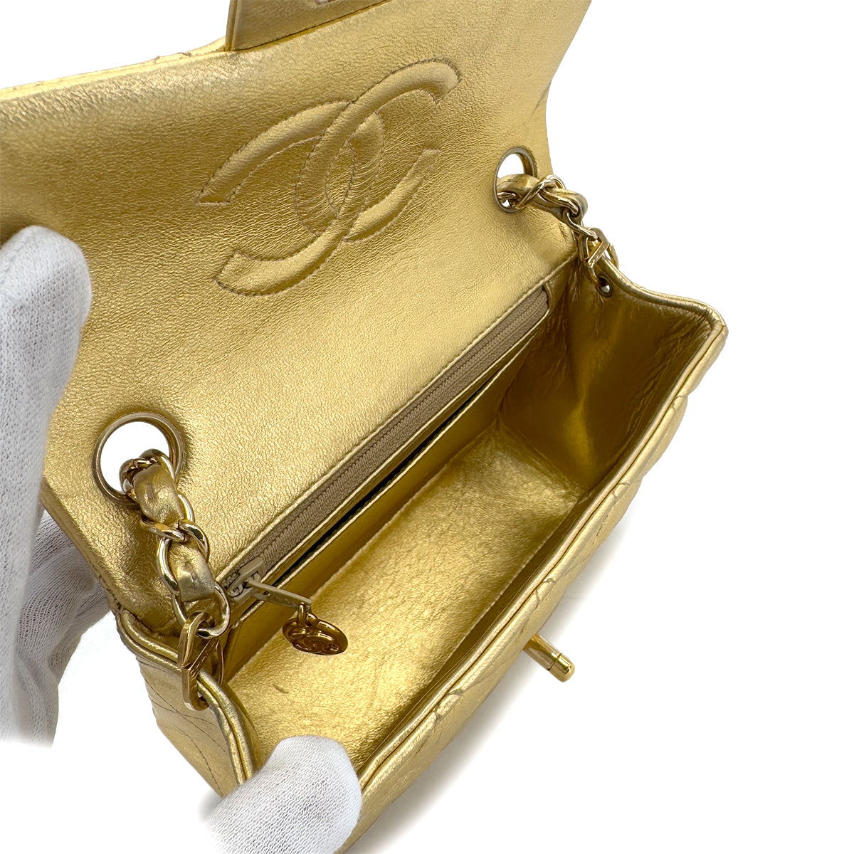 CHANEL VINTAGE MINI SQUARE 17 CHAIN SHOULDER BAG GOLD LAMB SKIN 90289359