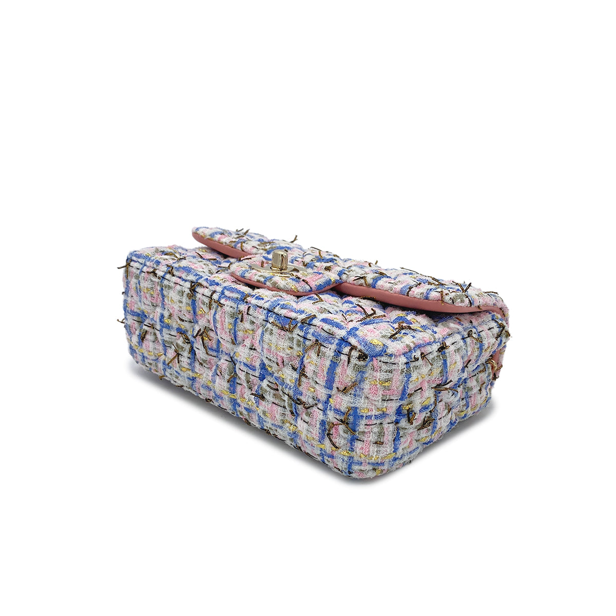 CHANEL MATELASSE TWEED CHAIN SHOULDER BAG PINK BLUE COTTON LEATHER 90289365